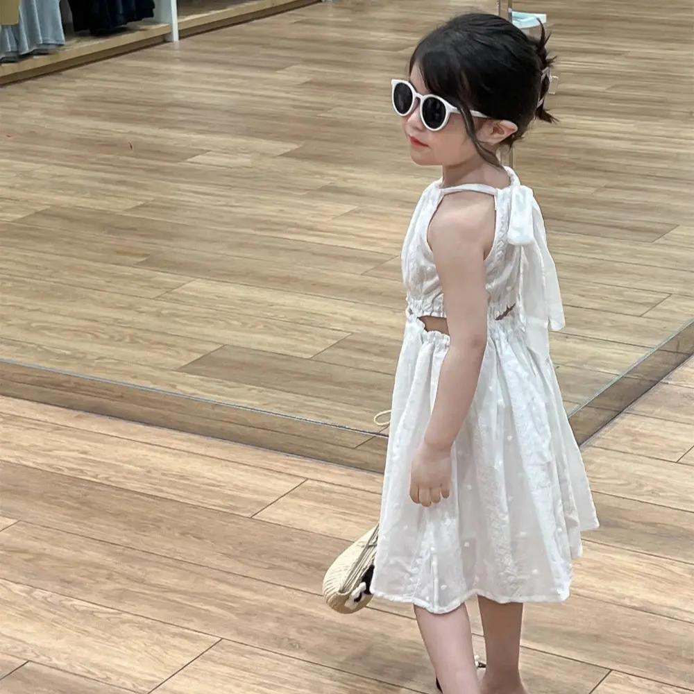 Summer New Girls Vacation Casual Simple Plain Sleeveless Hollow Out Hanging Neck Dress 1 Pc 2-7 Years Kids Fashion Clothes
