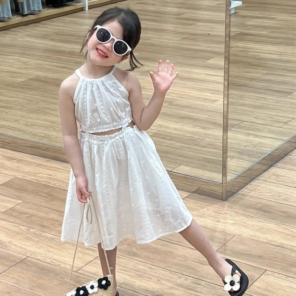 Summer New Girls Vacation Casual Simple Plain Sleeveless Hollow Out Hanging Neck Dress 1 Pc 2-7 Years Kids Fashion Clothes
