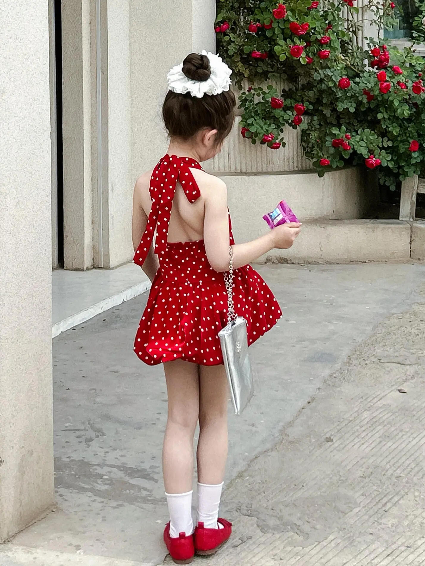 Girls Flower Bud Fluffy Lotus Leaf Edge Polka Dot Vest Dress Sleeveless Hanging Neck Vest Top Girl Fashion Dress