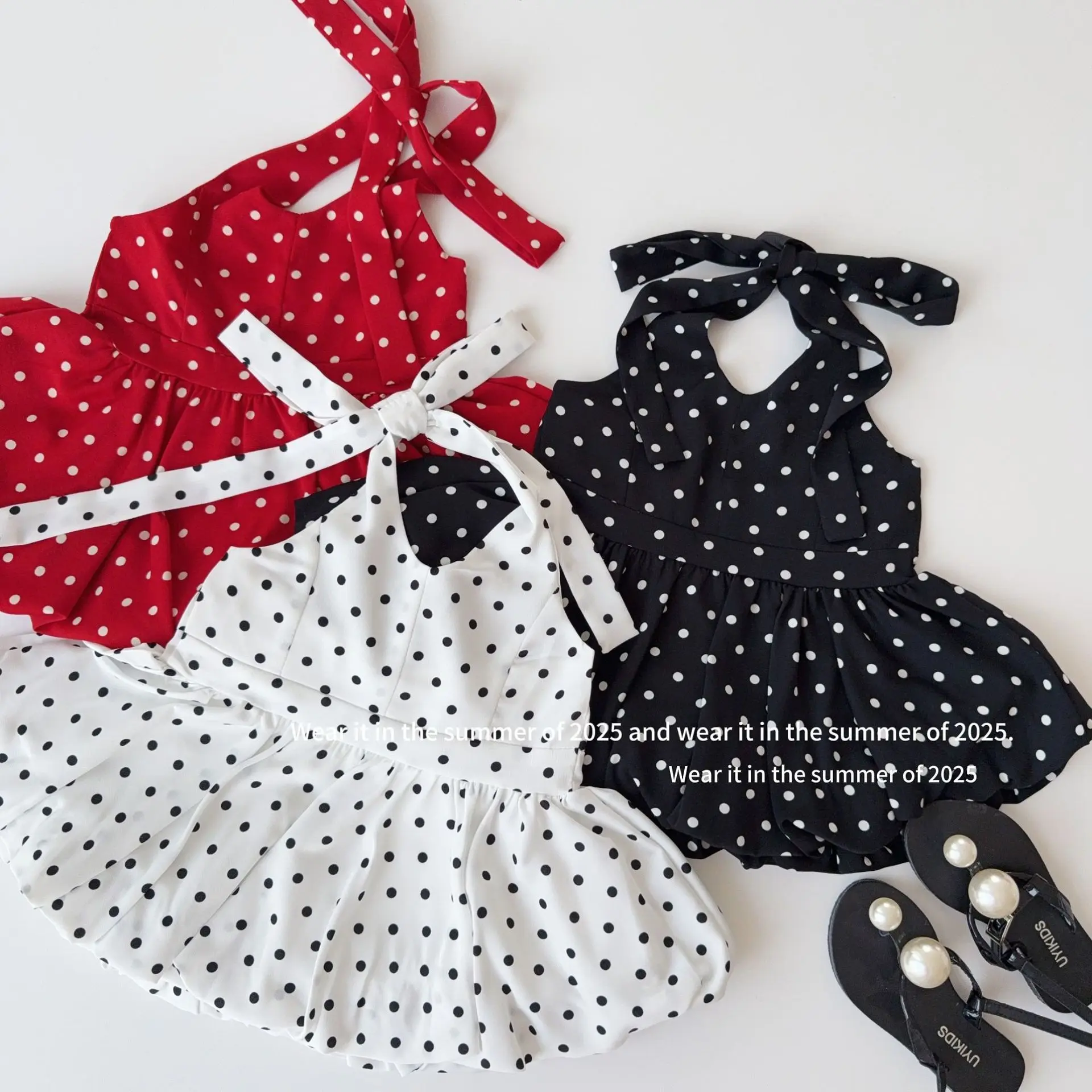 Girls Flower Bud Fluffy Lotus Leaf Edge Polka Dot Vest Dress Sleeveless Hanging Neck Vest Top Girl Fashion Dress