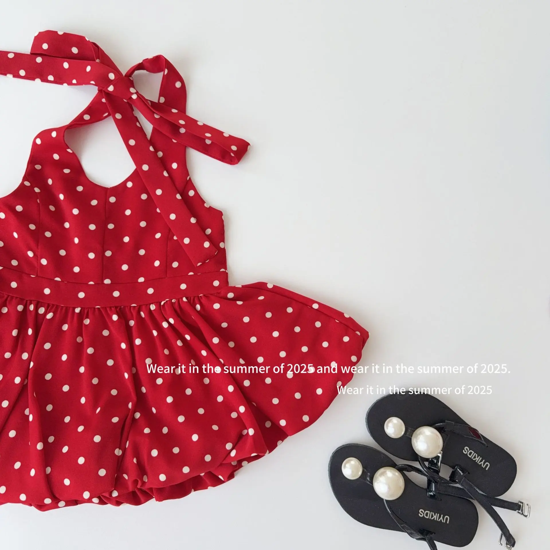 Girls Flower Bud Fluffy Lotus Leaf Edge Polka Dot Vest Dress Sleeveless Hanging Neck Vest Top Girl Fashion Dress