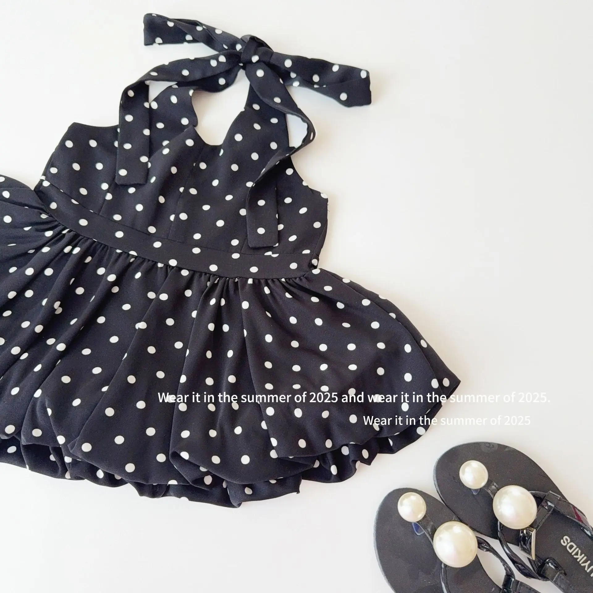 Girls Flower Bud Fluffy Lotus Leaf Edge Polka Dot Vest Dress Sleeveless Hanging Neck Vest Top Girl Fashion Dress