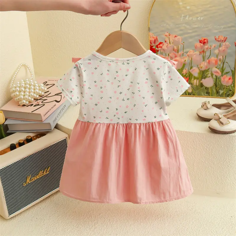 6-24 Months Summer New Style Floral Short Sleeved Baby Girl Dress, Casual Style Sweet Bow Children'S Clothing