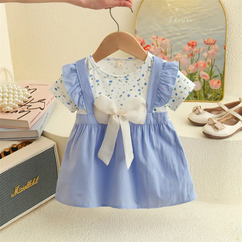6-24 Months Summer New Style Floral Short Sleeved Baby Girl Dress, Casual Style Sweet Bow Children'S Clothing