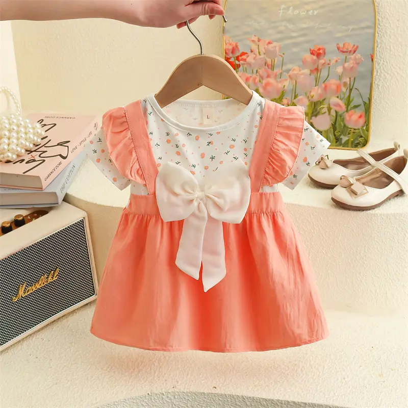 6-24 Months Summer New Style Floral Short Sleeved Baby Girl Dress, Casual Style Sweet Bow Children'S Clothing