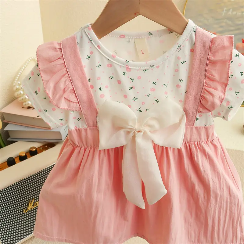 6-24 Months Summer New Style Floral Short Sleeved Baby Girl Dress, Casual Style Sweet Bow Children'S Clothing