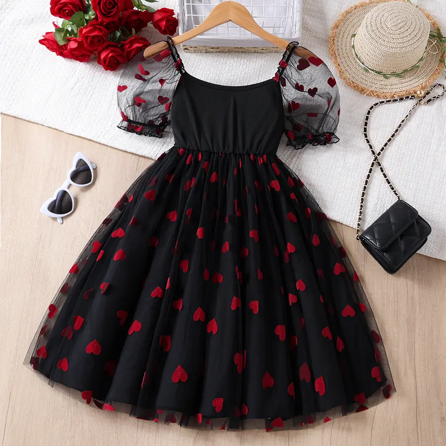Girls Dresses Summer Girl Tutu Dress Puff Sleeve Cute Heart Print Girls Tulle Dresses Kids Outfits
