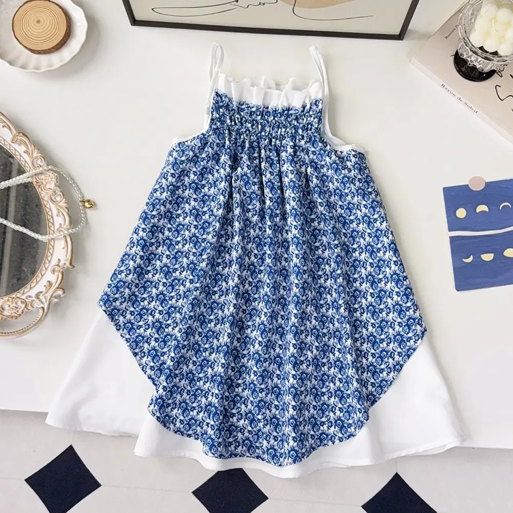 Girls Fashion Korean Version Clothes Flower Print Strappy Princess Dress 1 Pc 3-7 Years Kids Summer Casual Cute Wear