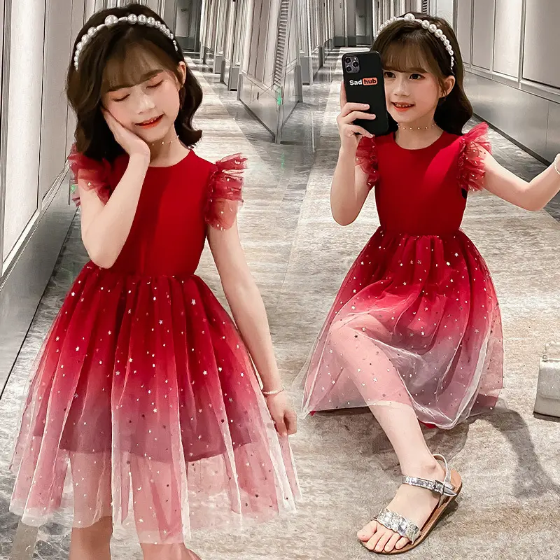 2025 Summer Teen Girl Princess Kids starry Dresses Sleeveless Vestidos Clothes mesh lace layers star costume 6 8 9 10 12 14 Year