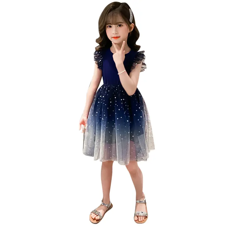 2025 Summer Teen Girl Princess Kids starry Dresses Sleeveless Vestidos Clothes mesh lace layers star costume 6 8 9 10 12 14 Year