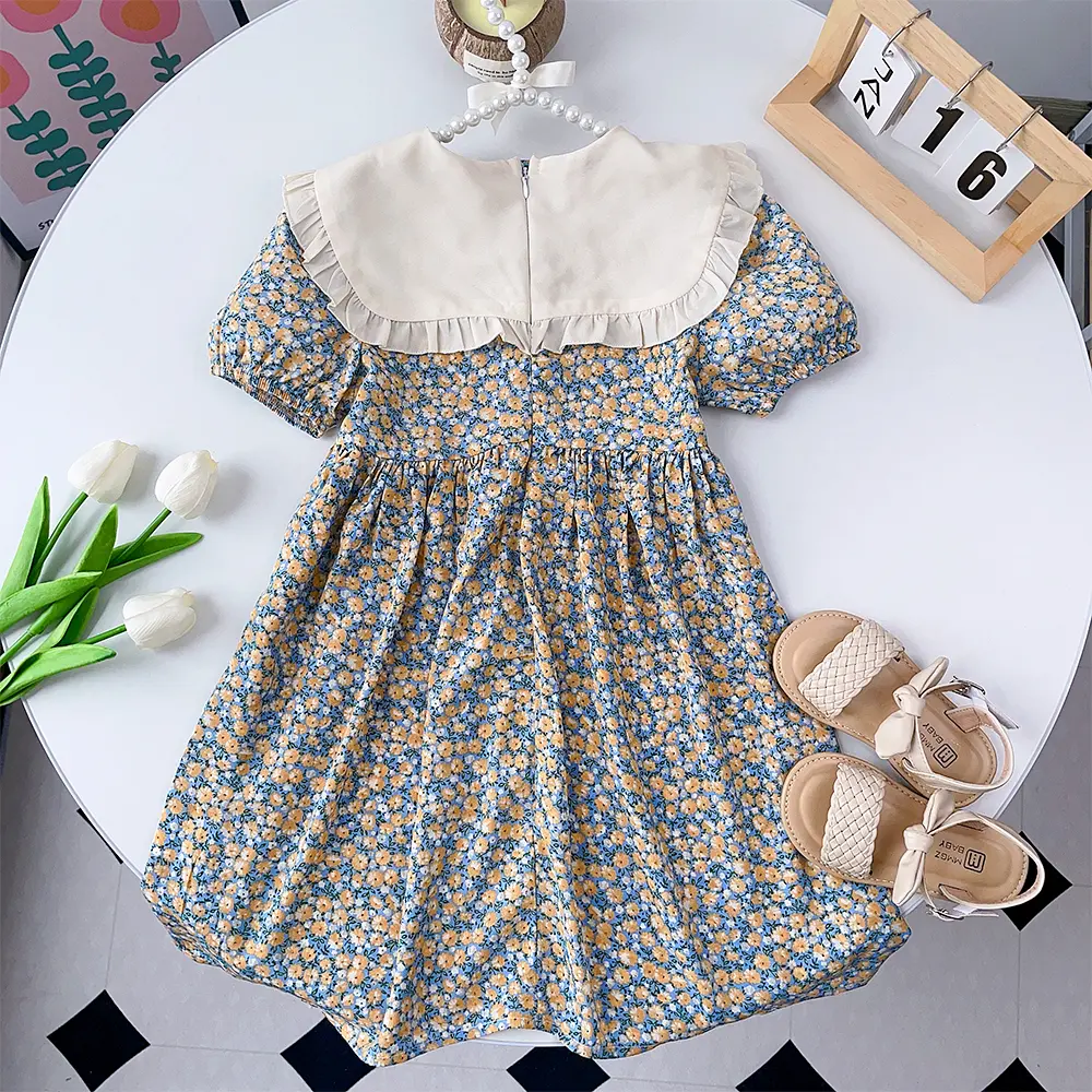 Summer New Girls Bow Turn-down Collar Puff Sleeve Flower Print Dress 1 Pc 2-7 Years Kids Fashion Casual Clothes