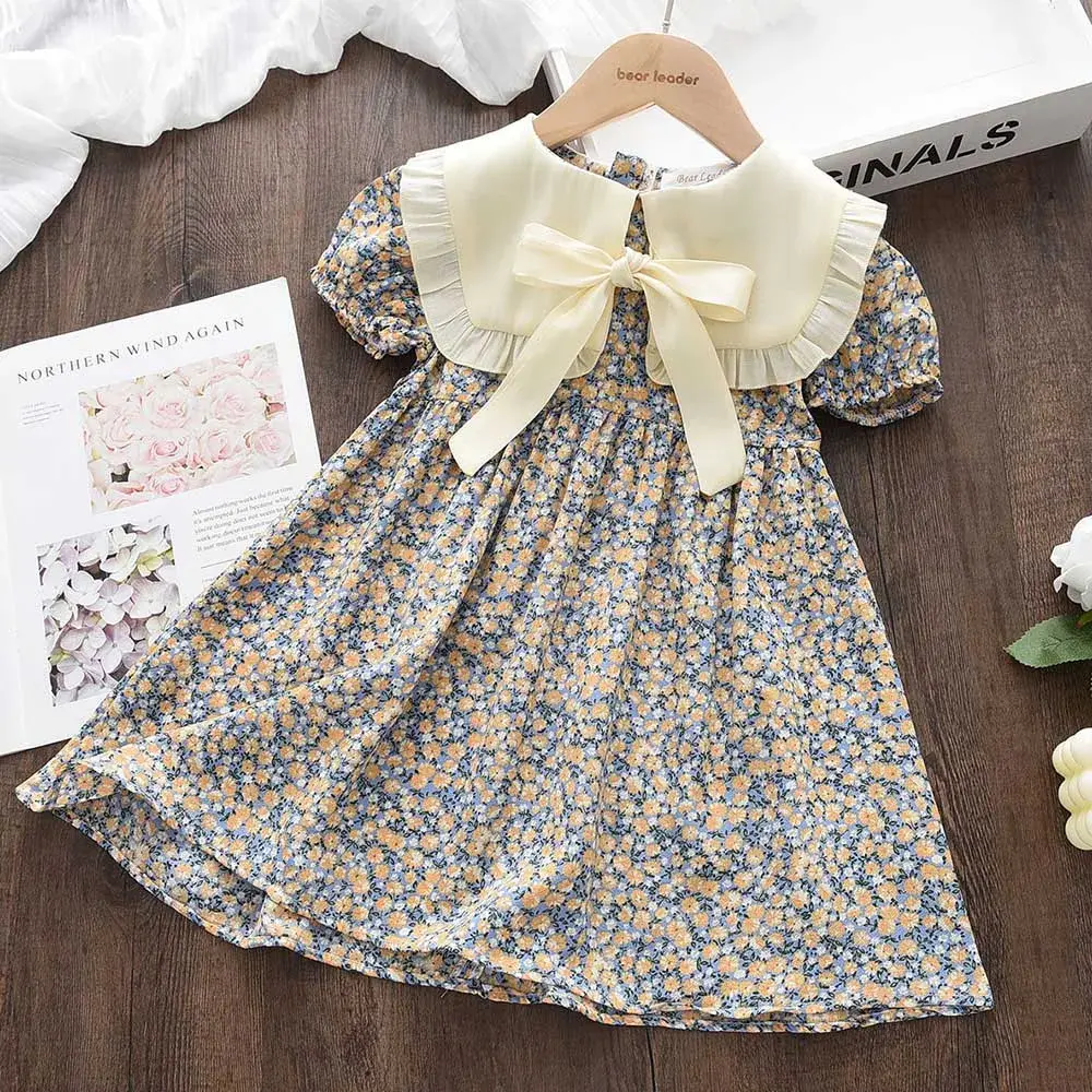 Summer New Girls Bow Turn-down Collar Puff Sleeve Flower Print Dress 1 Pc 2-7 Years Kids Fashion Casual Clothes