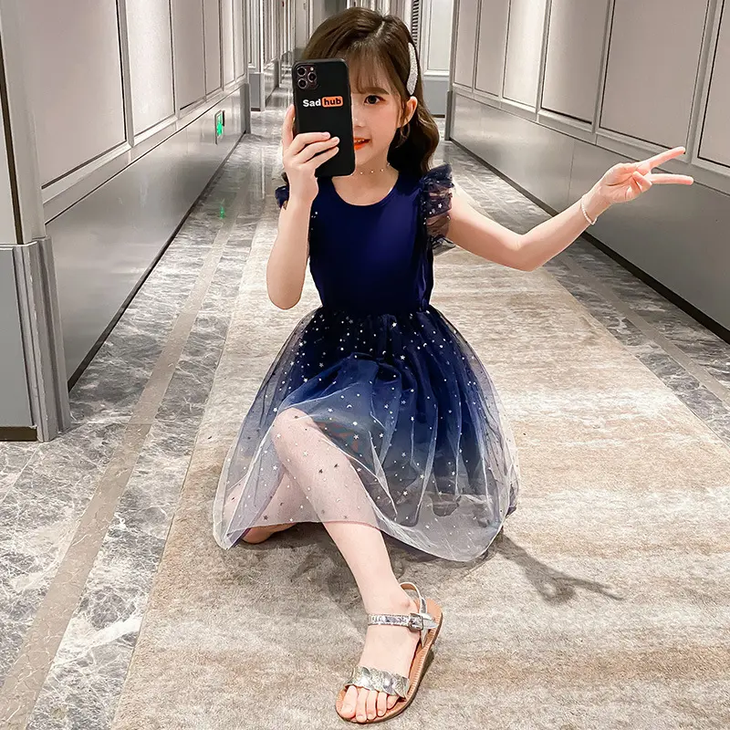 2025 Summer Teen Girl Princess Kids starry Dresses Sleeveless Vestidos Clothes mesh lace layers star costume 6 8 9 10 12 14 Year