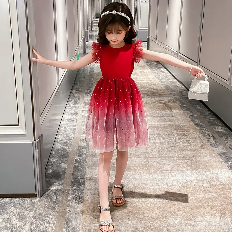 2025 Summer Teen Girl Princess Kids starry Dresses Sleeveless Vestidos Clothes mesh lace layers star costume 6 8 9 10 12 14 Year