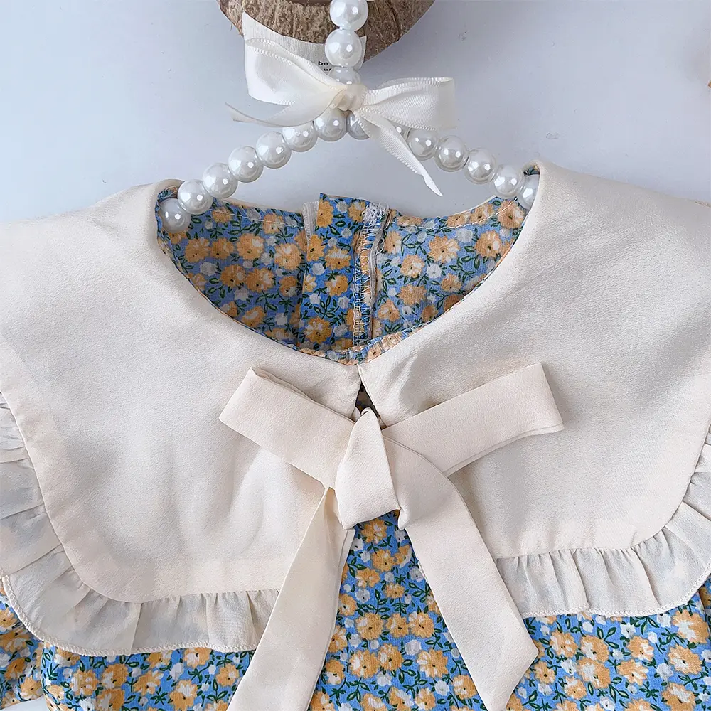 Summer New Girls Bow Turn-down Collar Puff Sleeve Flower Print Dress 1 Pc 2-7 Years Kids Fashion Casual Clothes