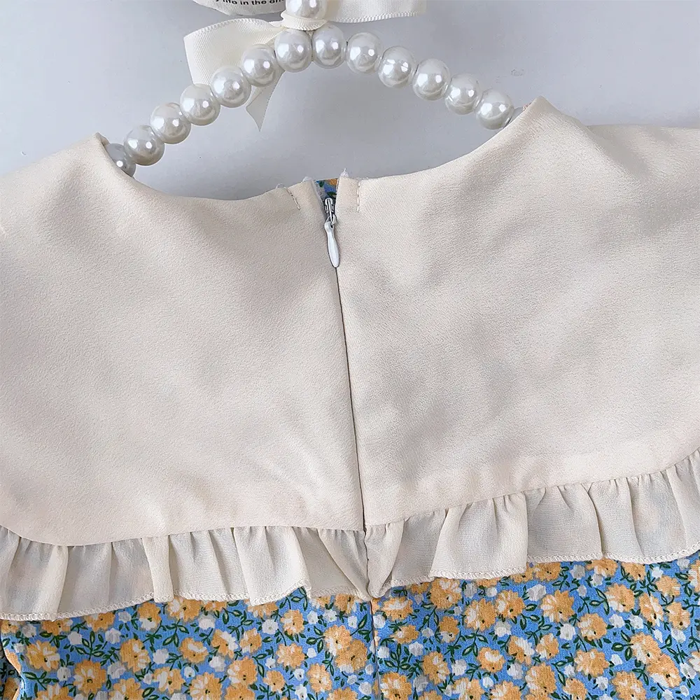 Summer New Girls Bow Turn-down Collar Puff Sleeve Flower Print Dress 1 Pc 2-7 Years Kids Fashion Casual Clothes