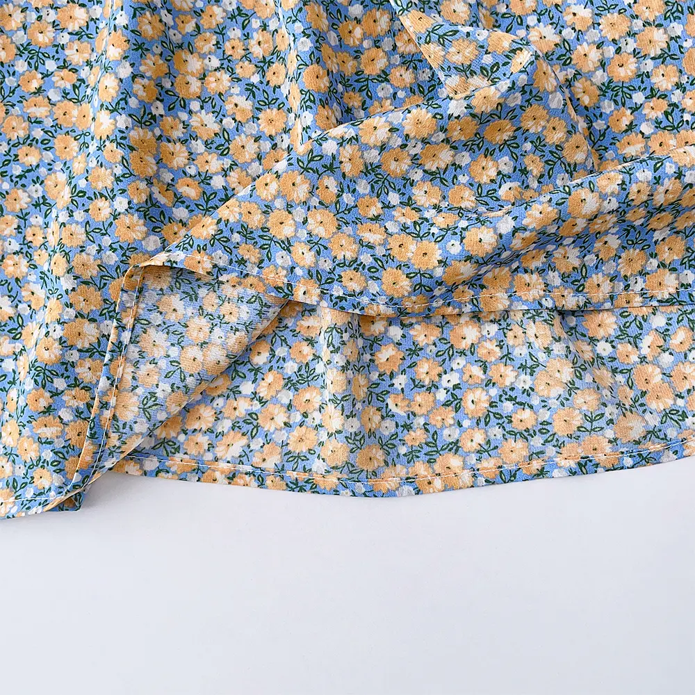 Summer New Girls Bow Turn-down Collar Puff Sleeve Flower Print Dress 1 Pc 2-7 Years Kids Fashion Casual Clothes