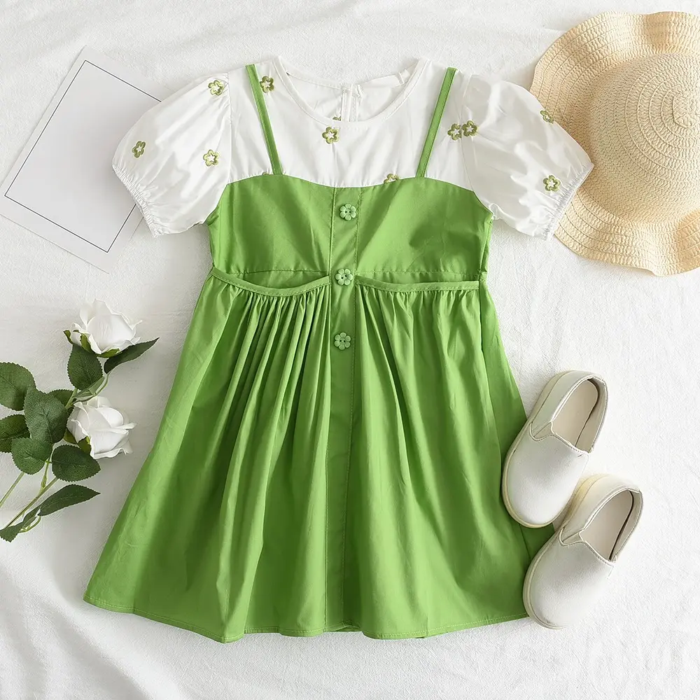 Girls Summer Casual Cute Wear Flower Pattern Embroidered Puff Sleeve O-Neck A-Line Dress 1 Pc 2-7 Years Kids Fashion Clothes