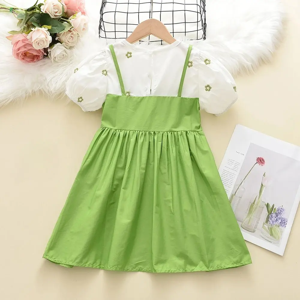 Girls Summer Casual Cute Wear Flower Pattern Embroidered Puff Sleeve O-Neck A-Line Dress 1 Pc 2-7 Years Kids Fashion Clothes
