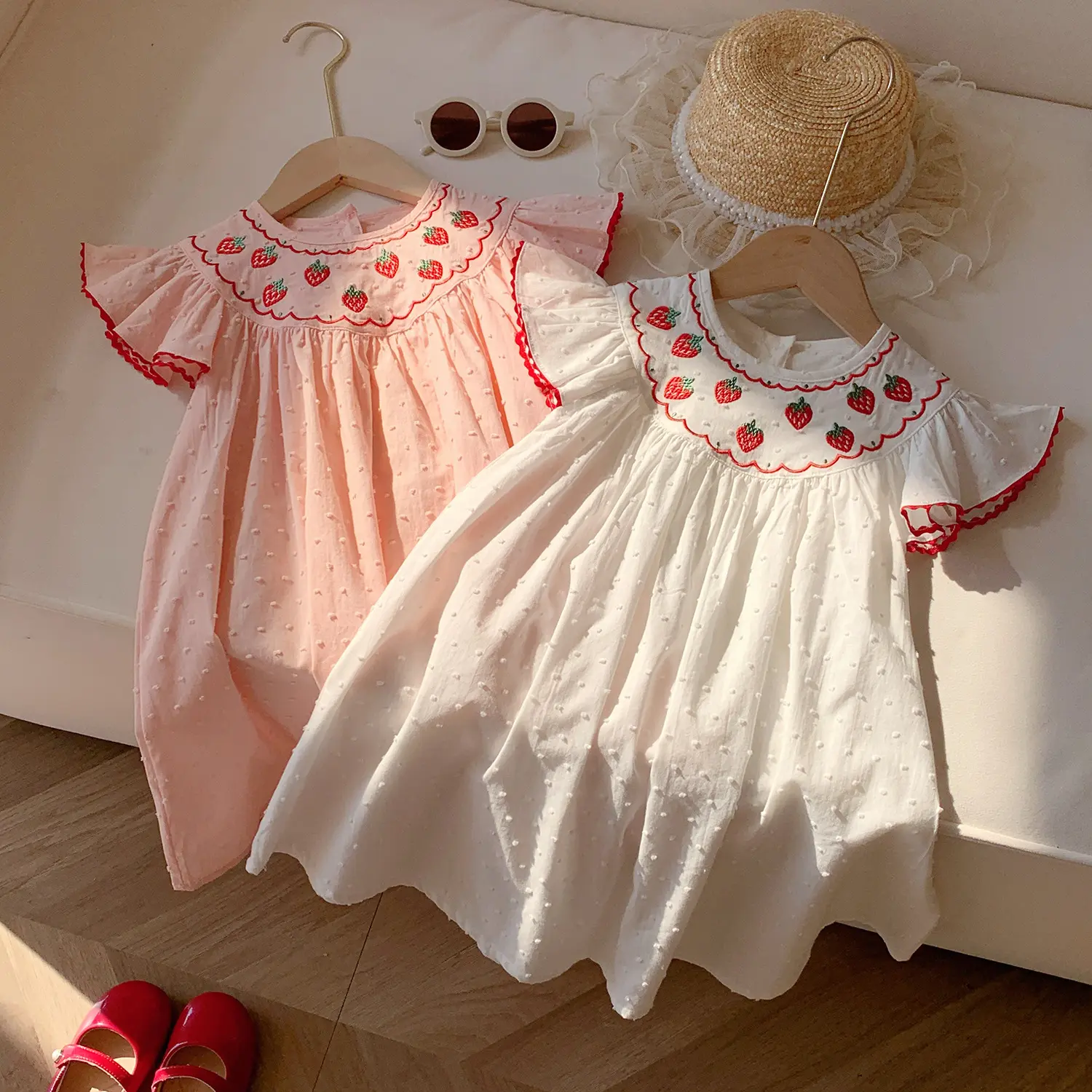 2-8T Toddler Kid Baby Girl Summer Clothes Short Sleeve Strawberry Print Embroidery Infant Girls Dress Princess Dresses Outfit