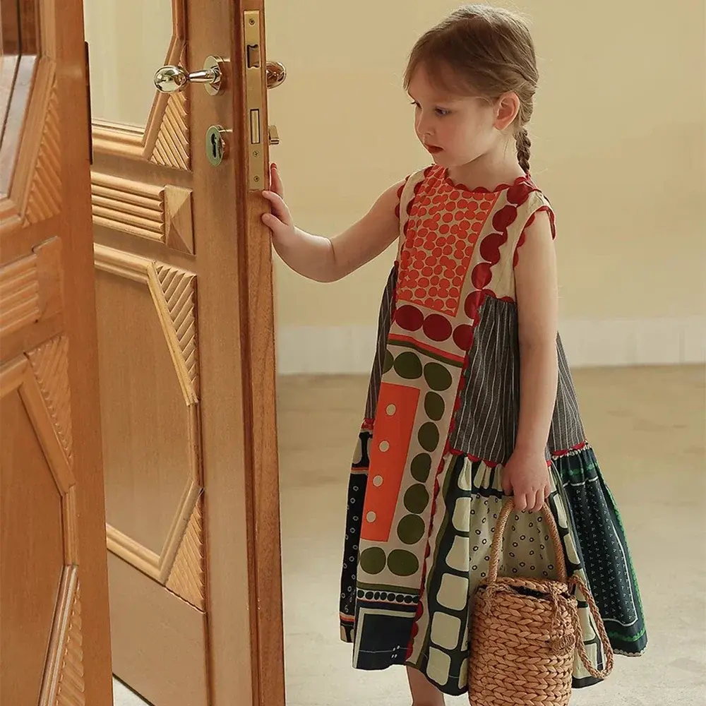 Girls Summer New Fashion Round Neck Sleeveless Retro Contrasting Dress 1 Pc Kids Casual Cute Clothes 3-7 Years