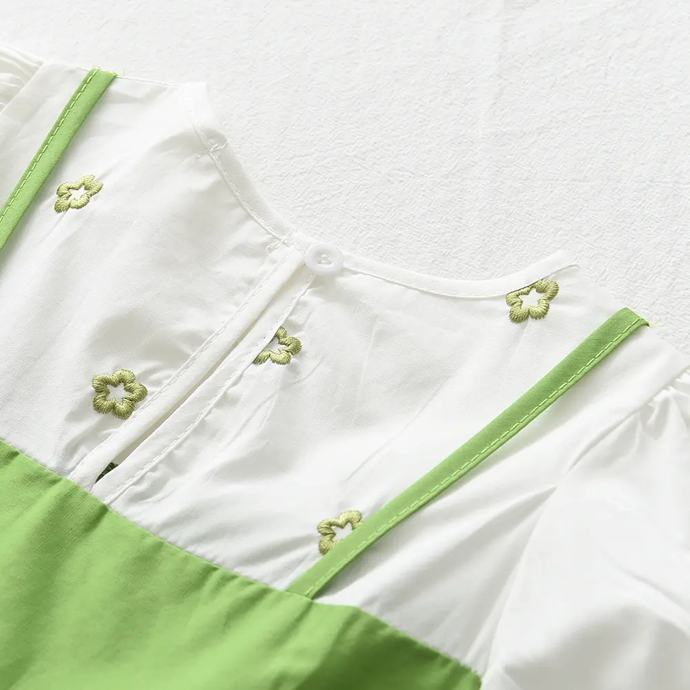 Girls Summer Casual Cute Wear Flower Pattern Embroidered Puff Sleeve O-Neck A-Line Dress 1 Pc 2-7 Years Kids Fashion Clothes