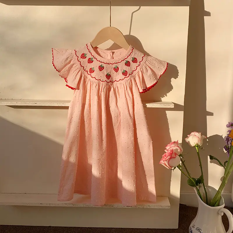2-8T Toddler Kid Baby Girl Summer Clothes Short Sleeve Strawberry Print Embroidery Infant Girls Dress Princess Dresses Outfit