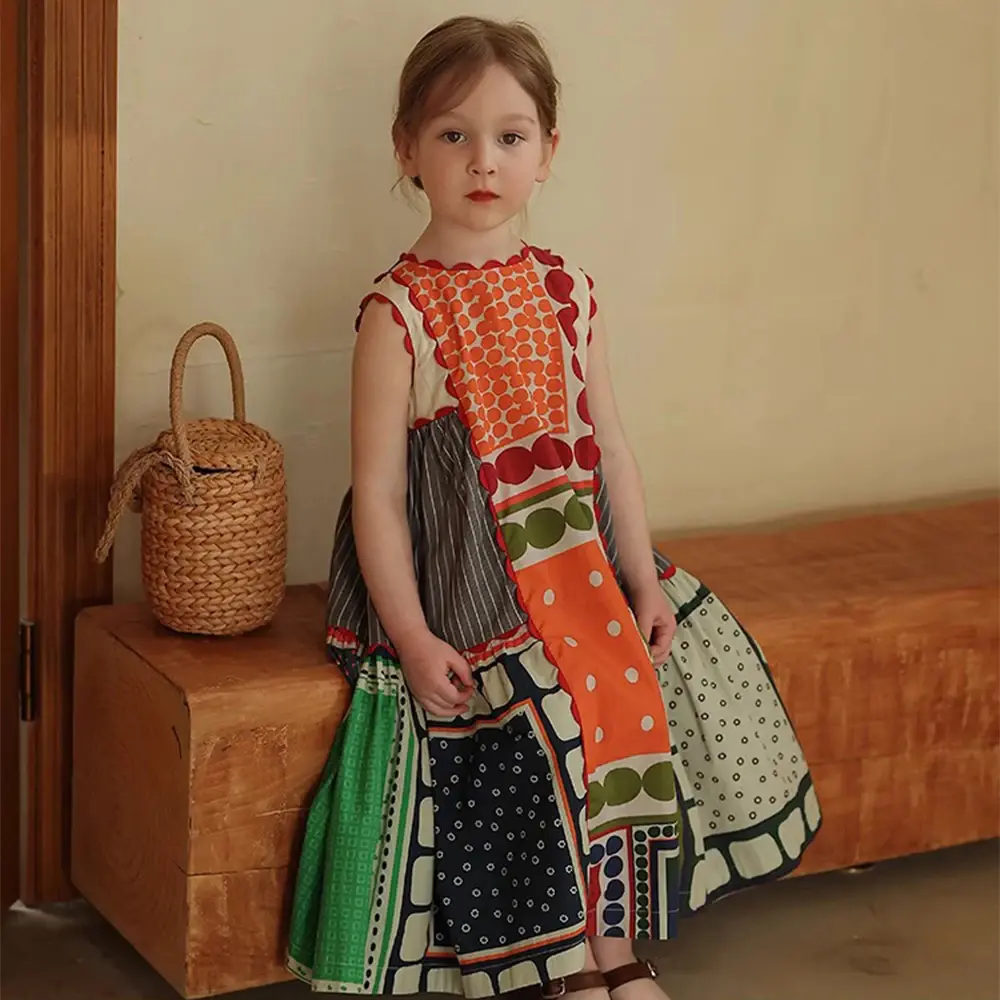 Girls Summer New Fashion Round Neck Sleeveless Retro Contrasting Dress 1 Pc Kids Casual Cute Clothes 3-7 Years