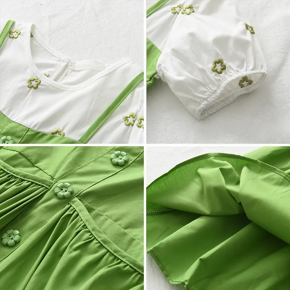 Girls Summer Casual Cute Wear Flower Pattern Embroidered Puff Sleeve O-Neck A-Line Dress 1 Pc 2-7 Years Kids Fashion Clothes