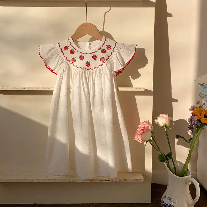 2-8T Toddler Kid Baby Girl Summer Clothes Short Sleeve Strawberry Print Embroidery Infant Girls Dress Princess Dresses Outfit