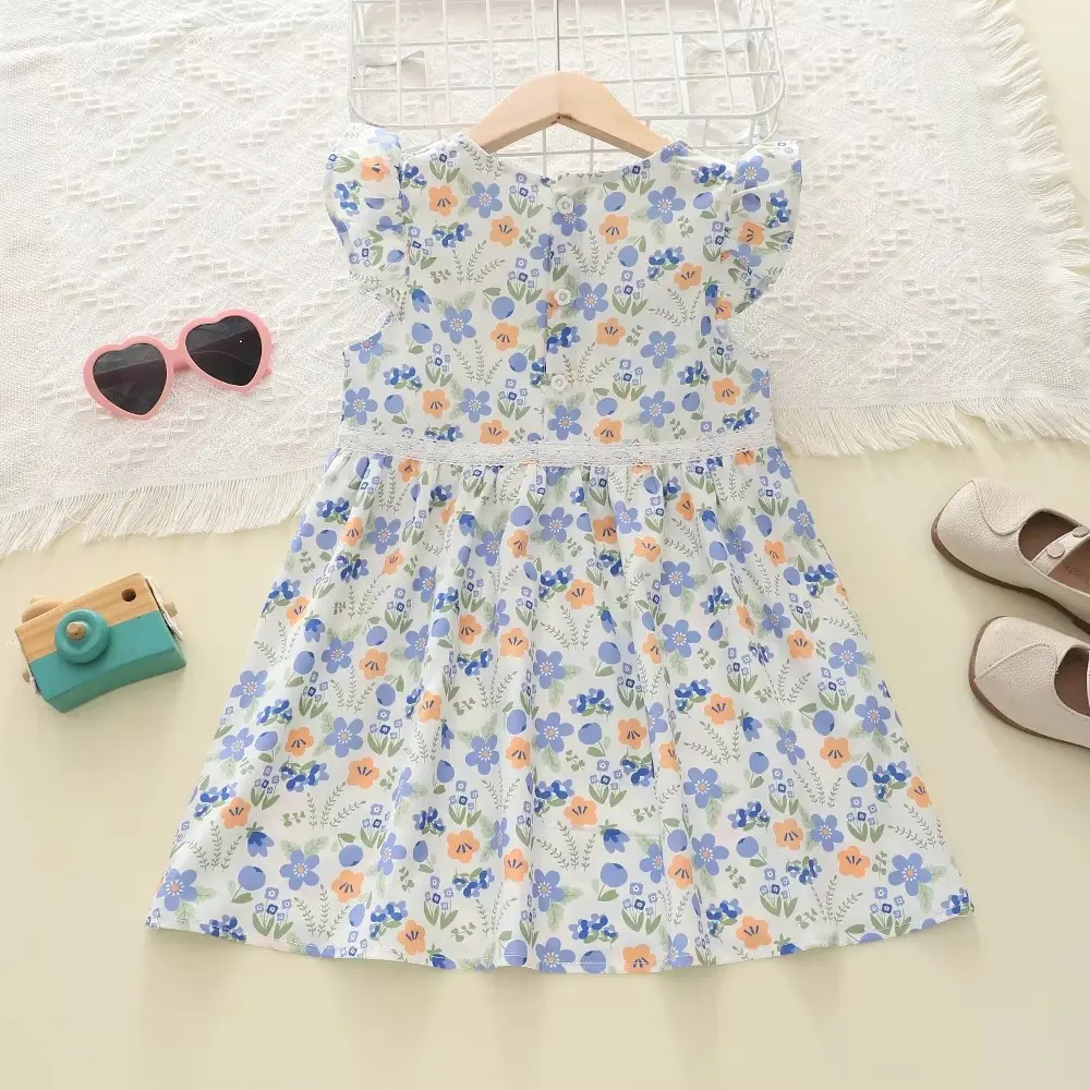 Humor Bear  Girls Dress Lace Round Neck Flying Sleeve Flower Printing Dress Children's Costume