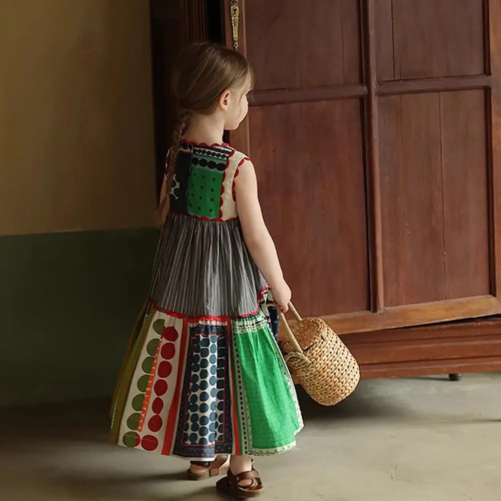 Girls Summer New Fashion Round Neck Sleeveless Retro Contrasting Dress 1 Pc Kids Casual Cute Clothes 3-7 Years