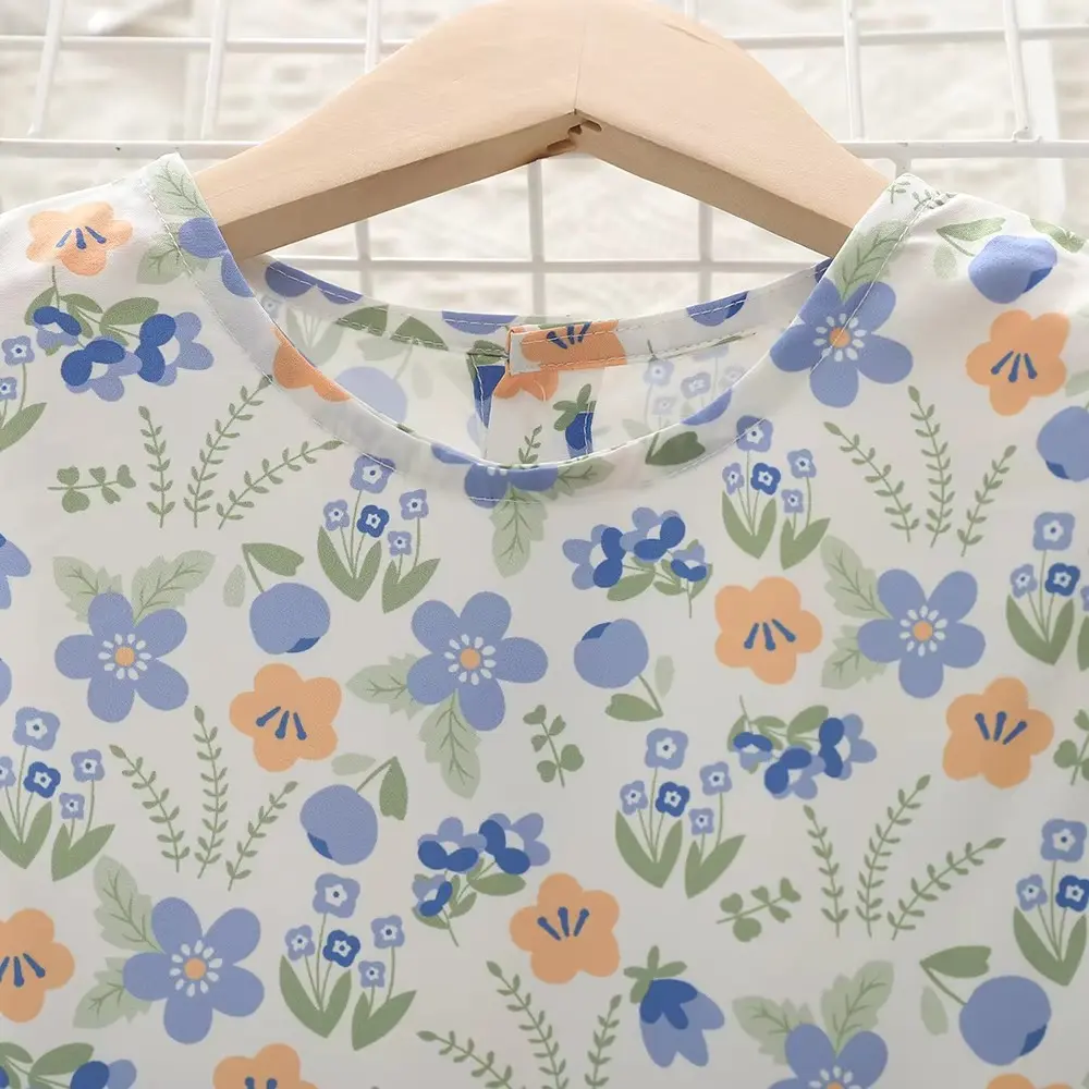 Humor Bear  Girls Dress Lace Round Neck Flying Sleeve Flower Printing Dress Children's Costume