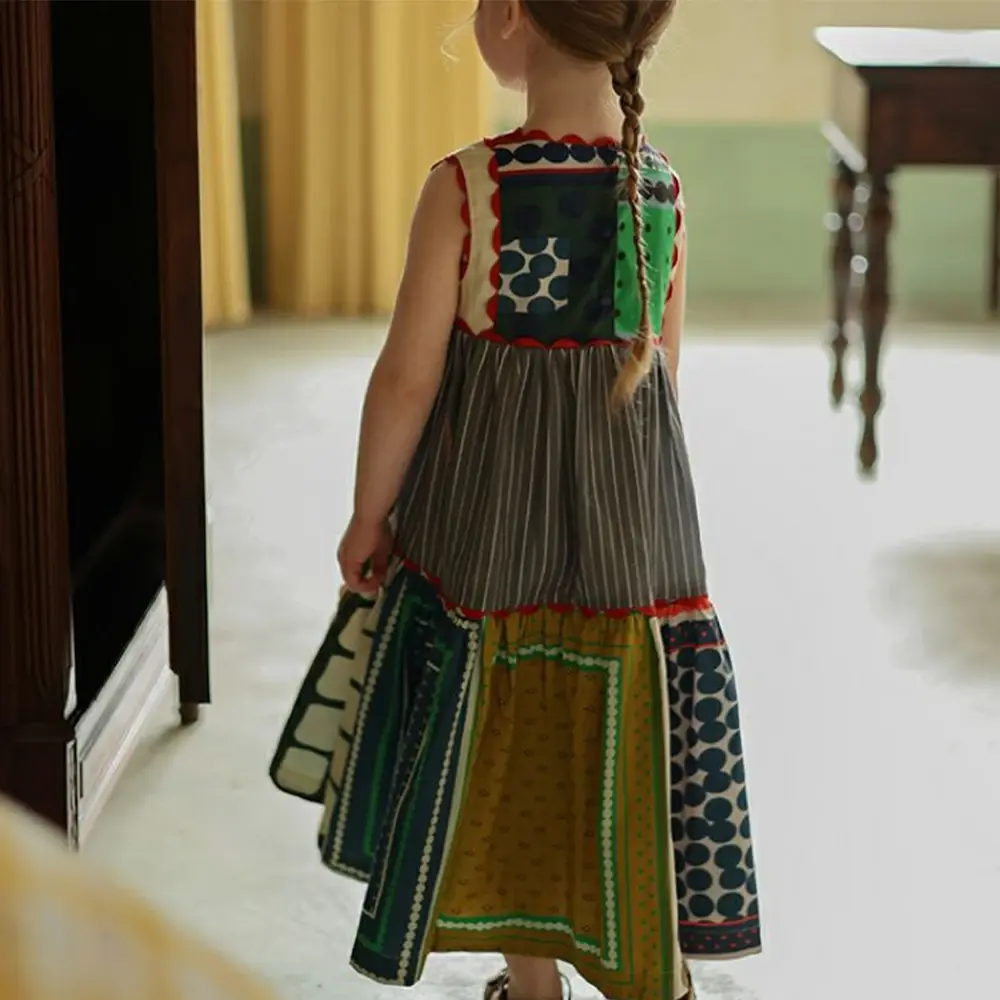 Girls Summer New Fashion Round Neck Sleeveless Retro Contrasting Dress 1 Pc Kids Casual Cute Clothes 3-7 Years