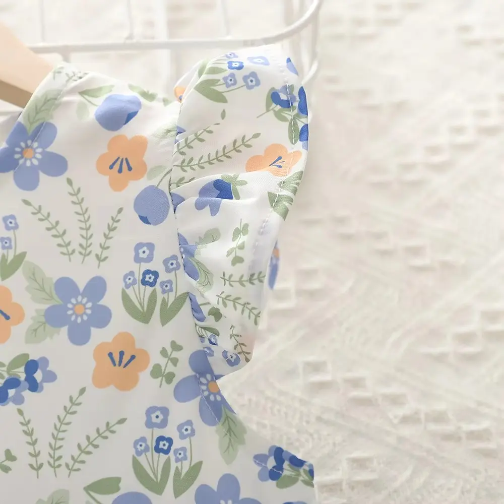Humor Bear  Girls Dress Lace Round Neck Flying Sleeve Flower Printing Dress Children's Costume