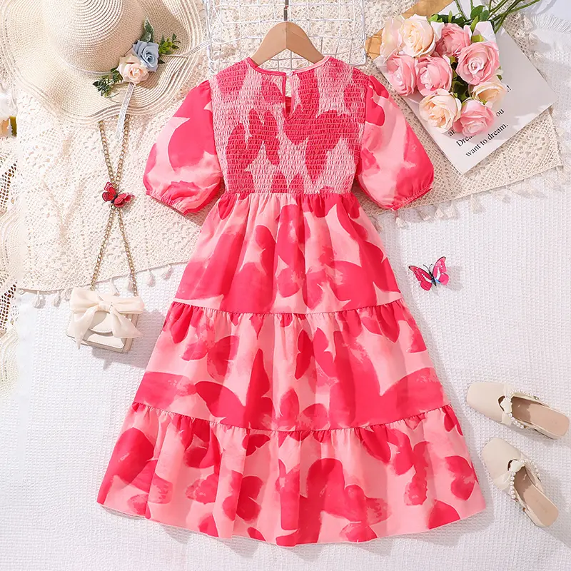 Girls Princess Dress Summer Pink Butterfly Printed Shirred Bubble-Sleeve Sweet Style Kids Dress Tween Girls Pageant Party Dress