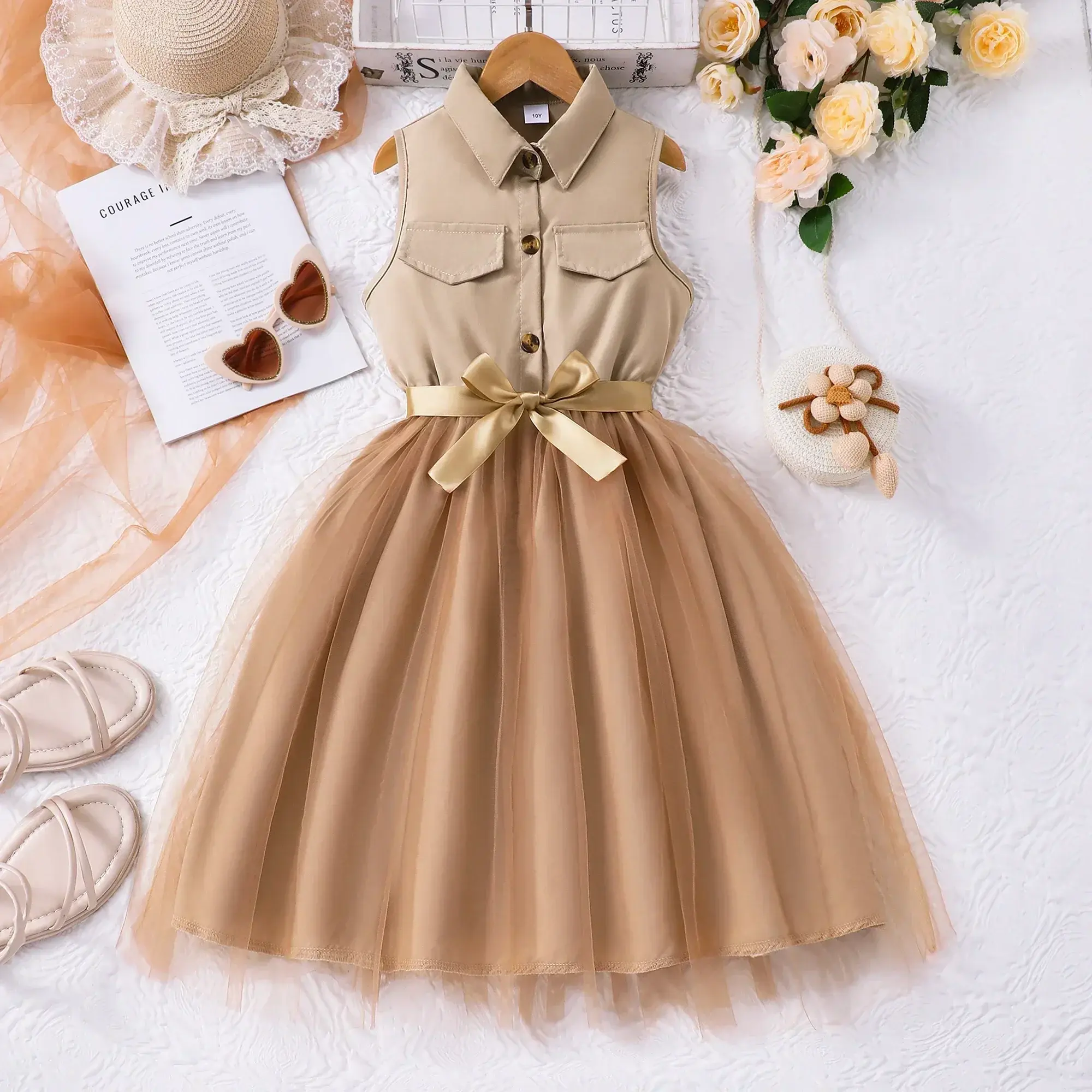 Kids Girl Dress Summer Khaki Children Costume Sleeveless Fashion Casual Vacation Girls Princess Dress 3 4 5 6 7 8 9 10 11 12 Yrs