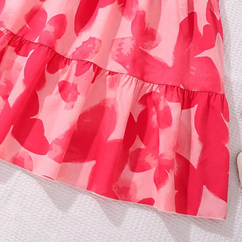 Girls Princess Dress Summer Pink Butterfly Printed Shirred Bubble-Sleeve Sweet Style Kids Dress Tween Girls Pageant Party Dress