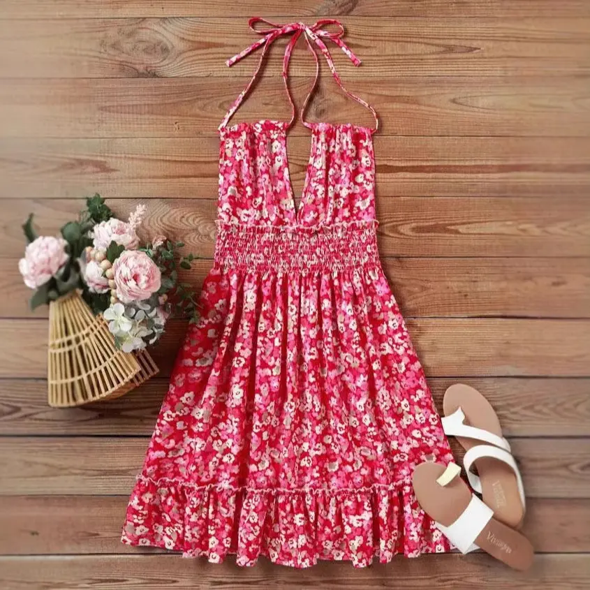 Maternity Dresses Women Clothes Pregnant Photoshoot Clothing Sexy Floral Pleated Hollowed-out Halter Little Pregnancy Dress
