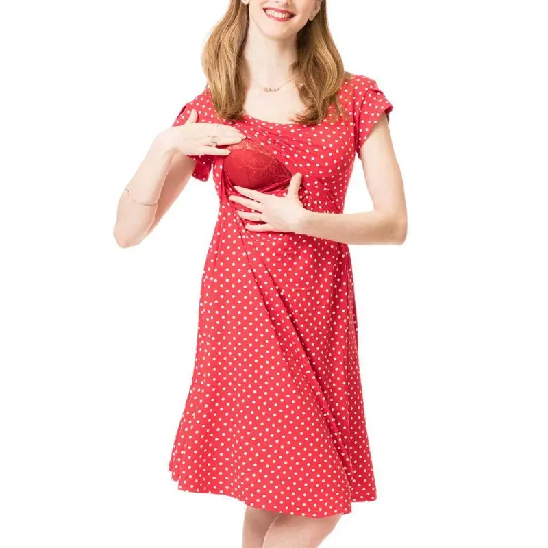 Summer Pregnant Women Casual Comfortable and Skin-friendly Dresses Dot Printed Short Sleeved Breastfeeding Dress