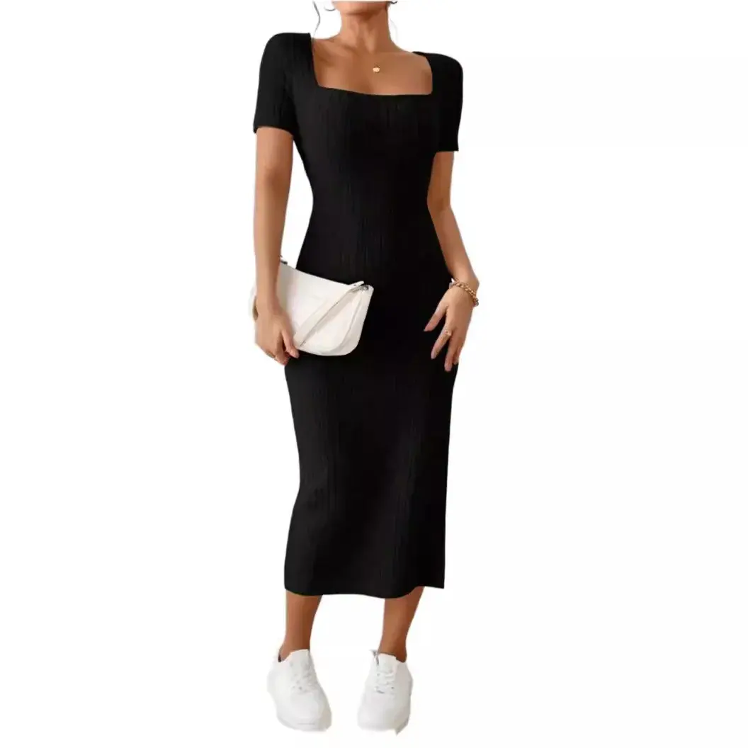 Maternity Dresses Hot Fashion Square Neck Side Knit Solid Color Clothes Pregnant Women Short-sleeved Dress Pregnant Women
