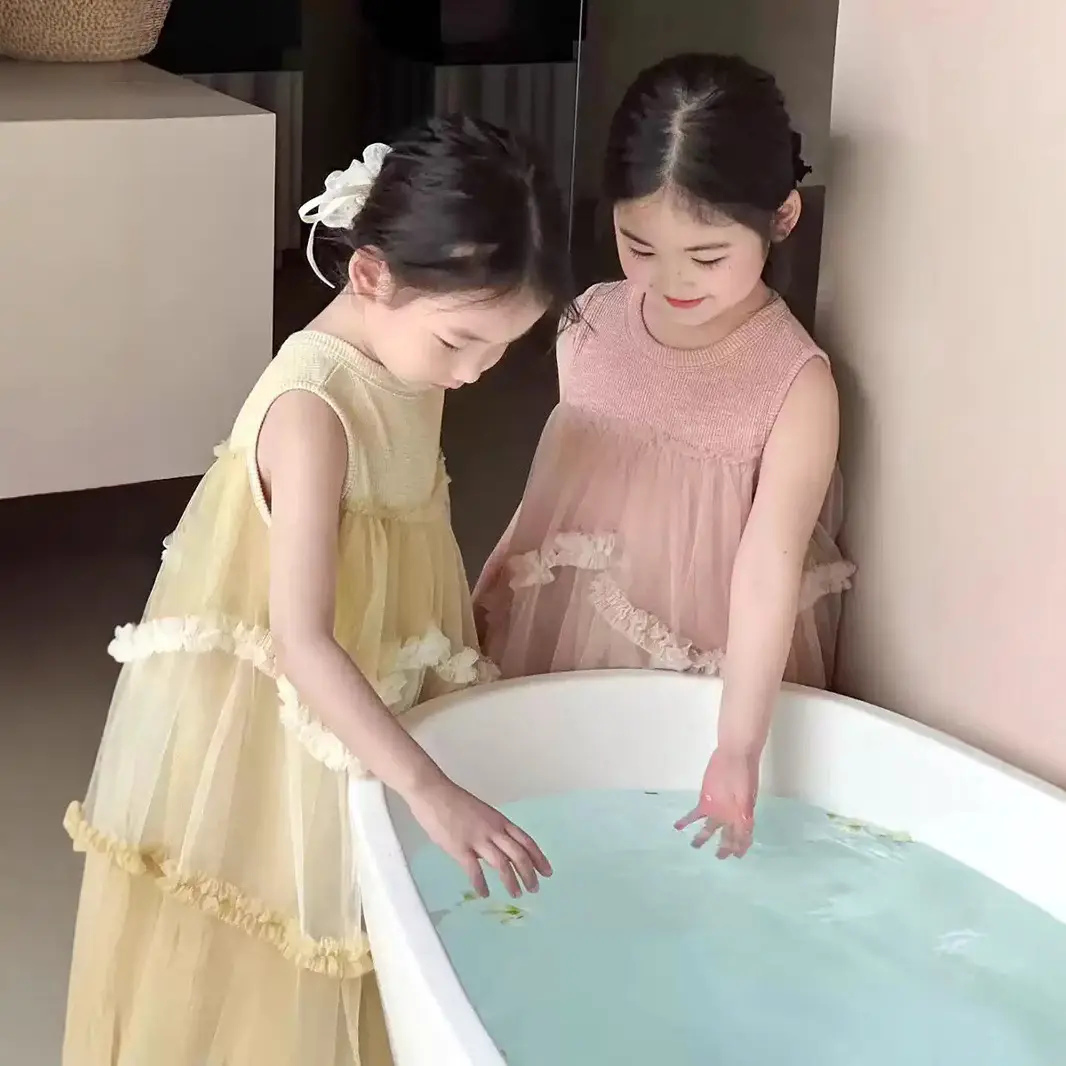 Girls Summer Dress 2025 New Stylish Children Mesh Patchwork Princess Vest Dress Girl' Summer Korean Dress