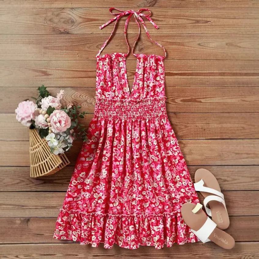 Maternity Dresses Women Clothes Pregnant Photoshoot Clothing Sexy Floral Pleated Hollowed-out Halter Little Pregnancy Dress
