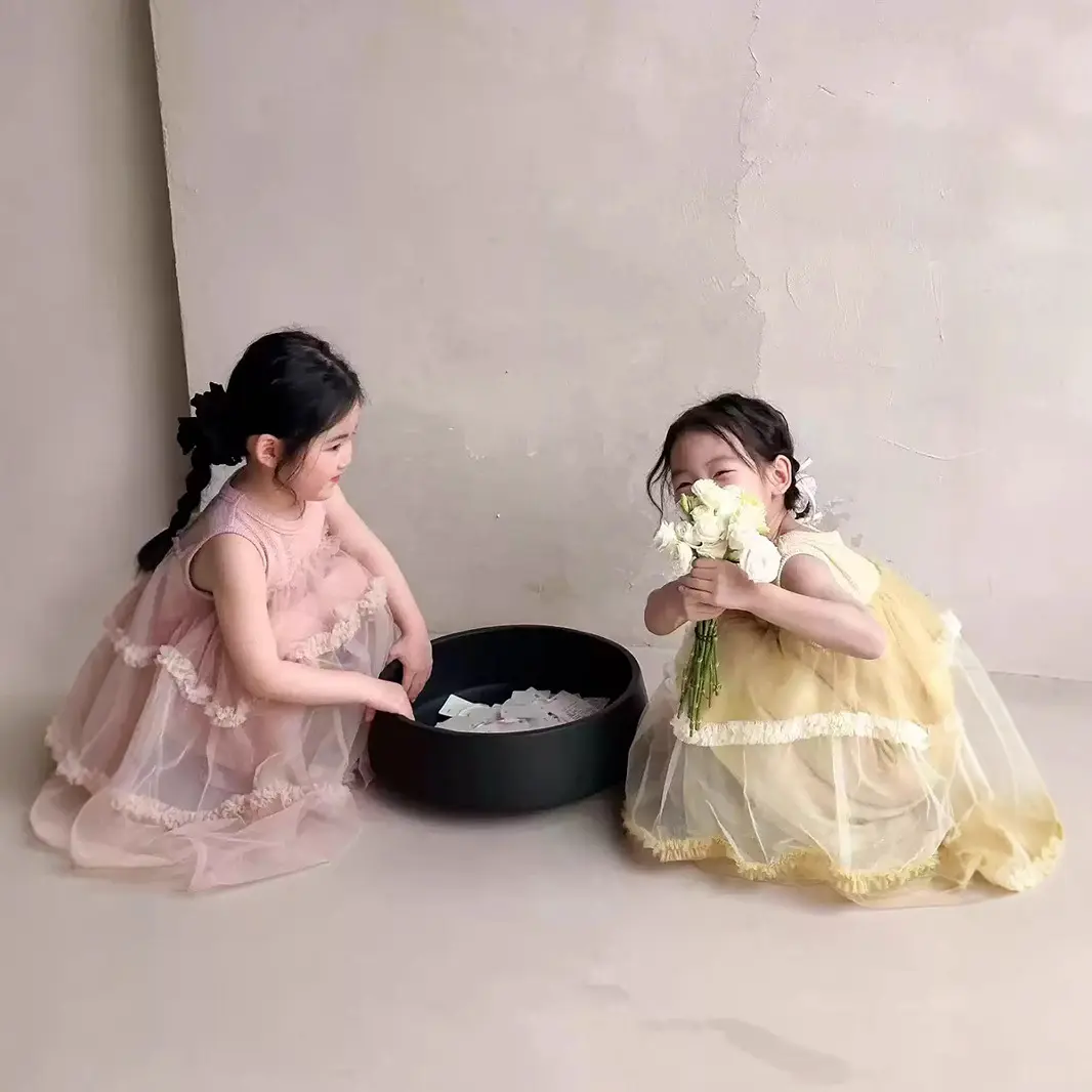 Girls Summer Dress 2025 New Stylish Children Mesh Patchwork Princess Vest Dress Girl' Summer Korean Dress