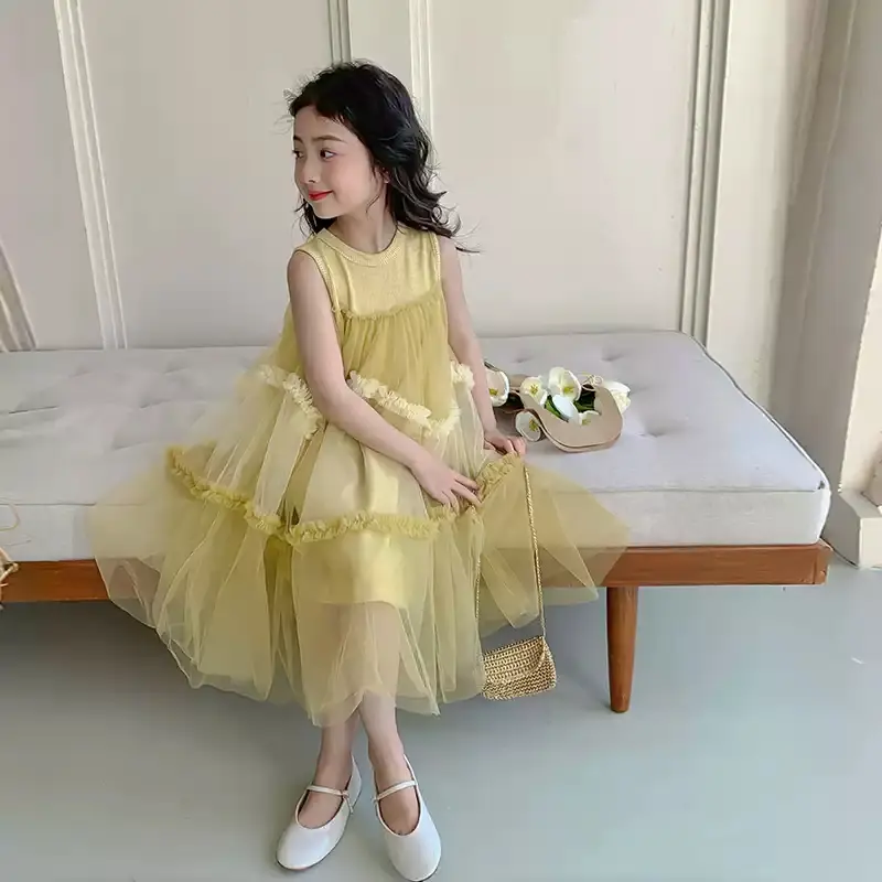 Girls Summer Dress 2025 New Stylish Children Mesh Patchwork Princess Vest Dress Girl' Summer Korean Dress