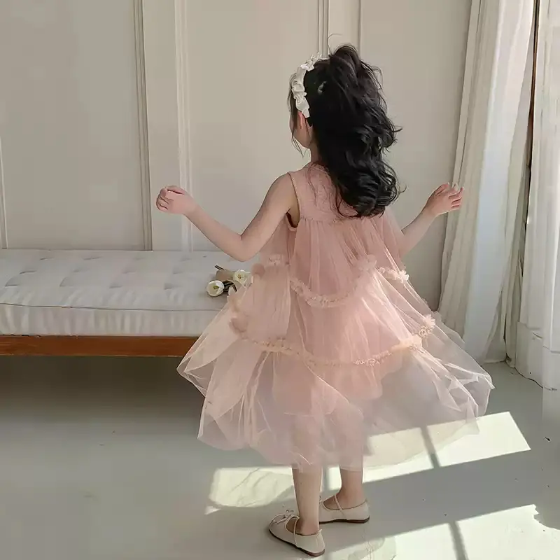 Girls Summer Dress 2025 New Stylish Children Mesh Patchwork Princess Vest Dress Girl' Summer Korean Dress