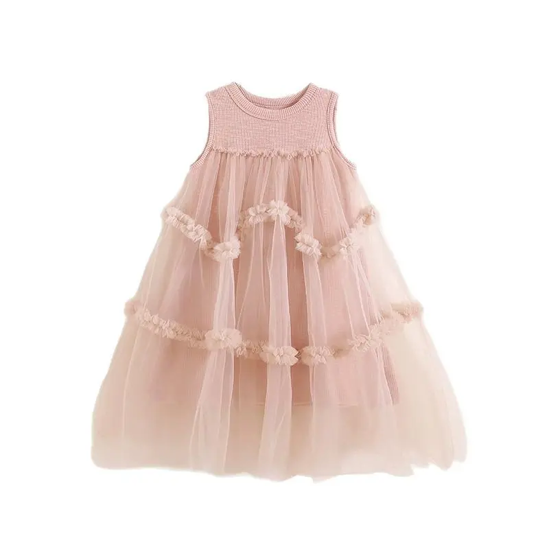 Girls Summer Dress 2025 New Stylish Children Mesh Patchwork Princess Vest Dress Girl' Summer Korean Dress