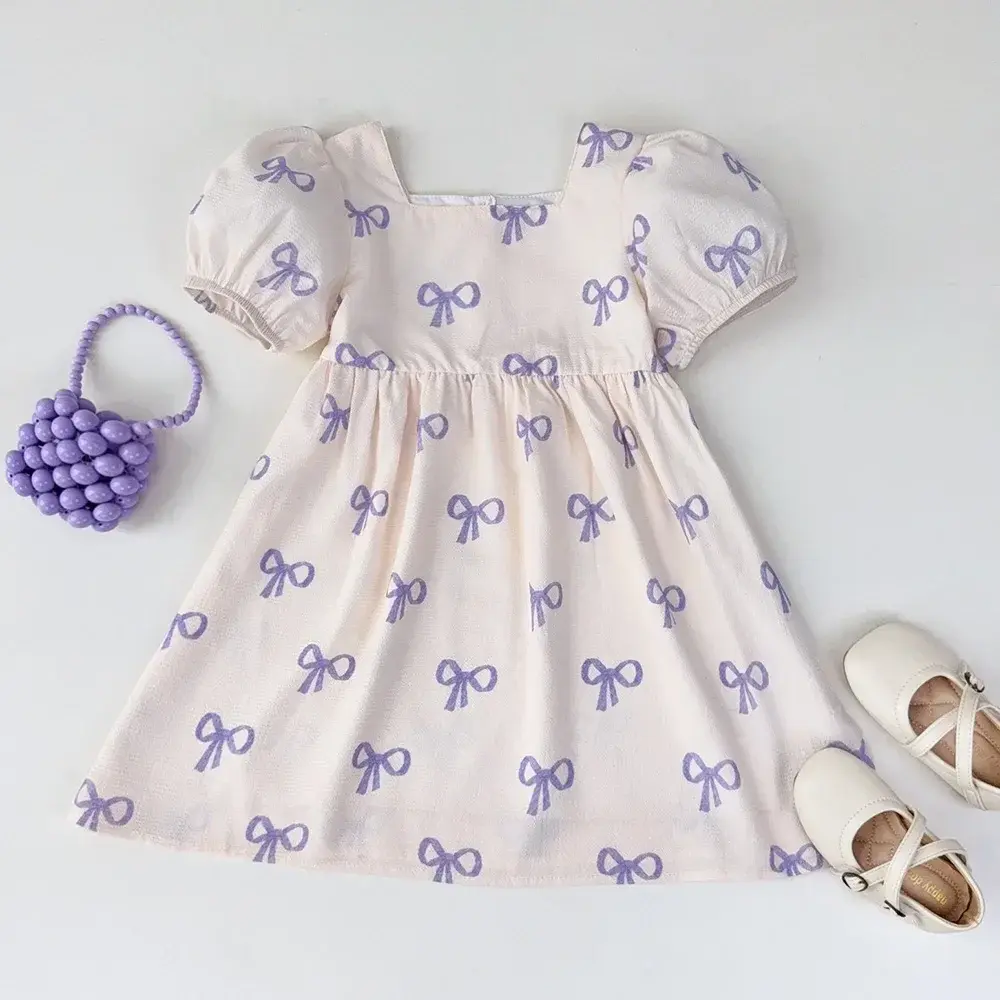 Korean Version Sweet Girl Casual Clothes Square Neck Bubble Sleeves Bow Print Princess Dress Summer New for Children Aged 3-7