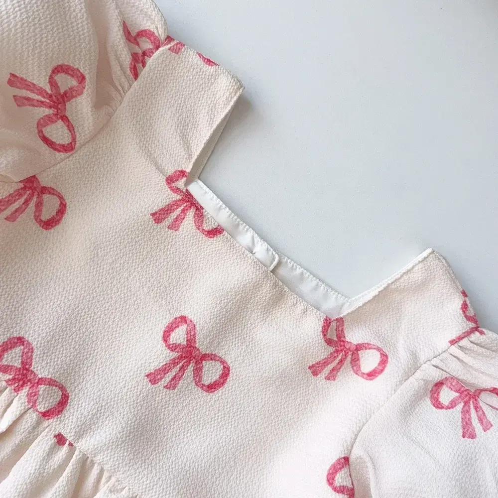 Korean Version Sweet Girl Casual Clothes Square Neck Bubble Sleeves Bow Print Princess Dress Summer New for Children Aged 3-7