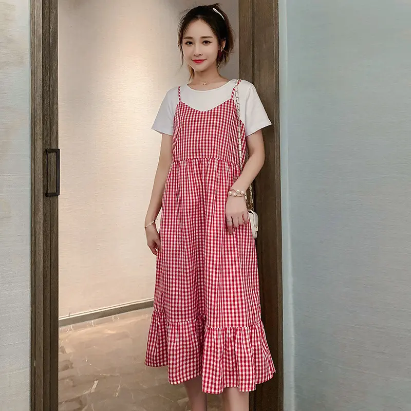 Maternity Summer New Dress Fashion Short-Sleeved Splicing Plaid Dress Maternity Summer Fake Two-Piece Skirt Ladies Dresses